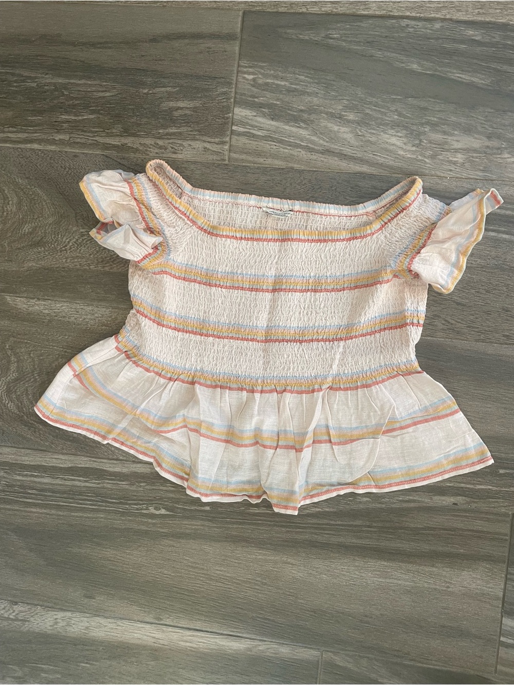 White Smocked Peplum Off-Shoulder Top with Pastel Stripes